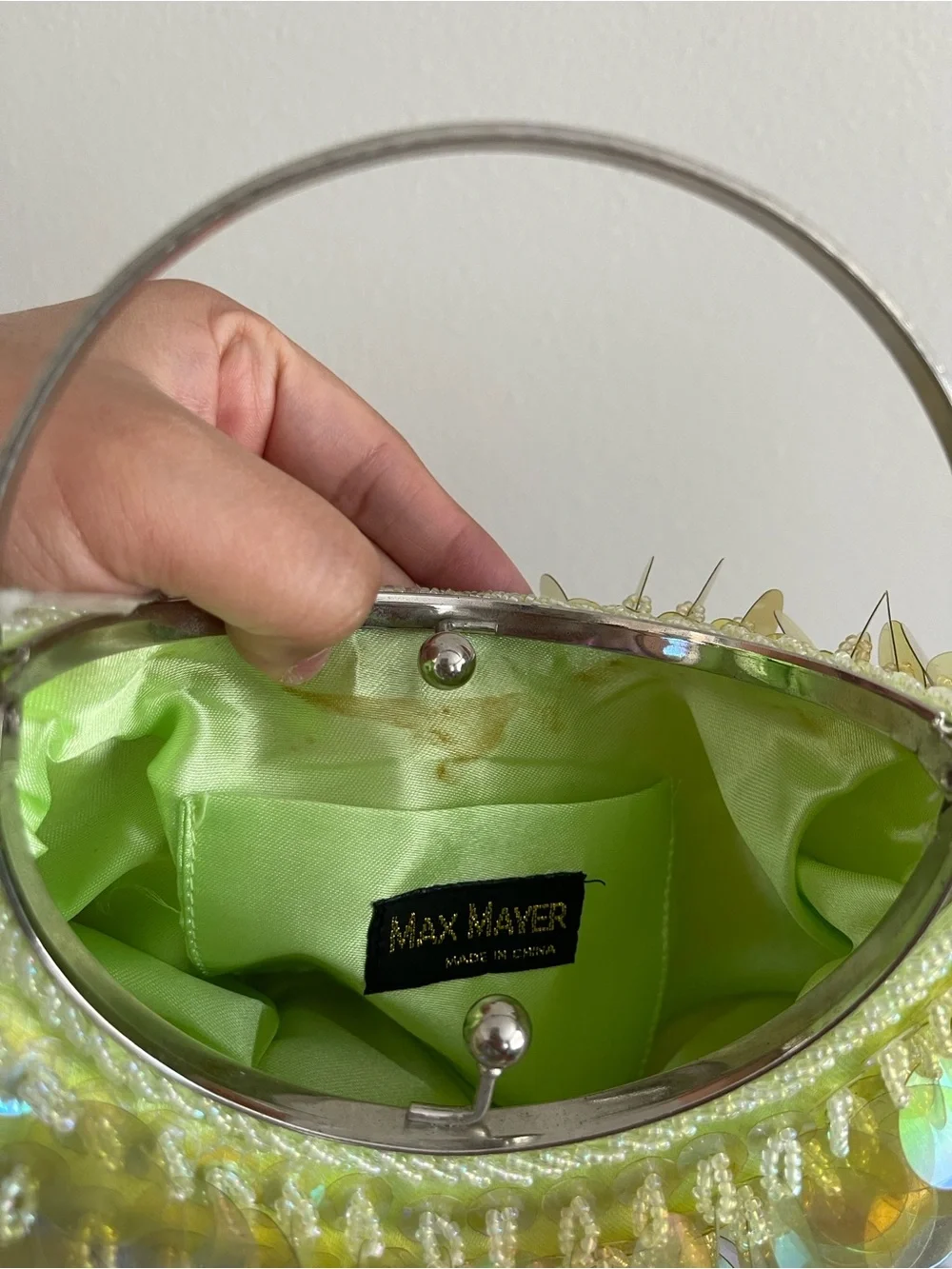 Iridescent Lime Sequin Halo Handle Clutch